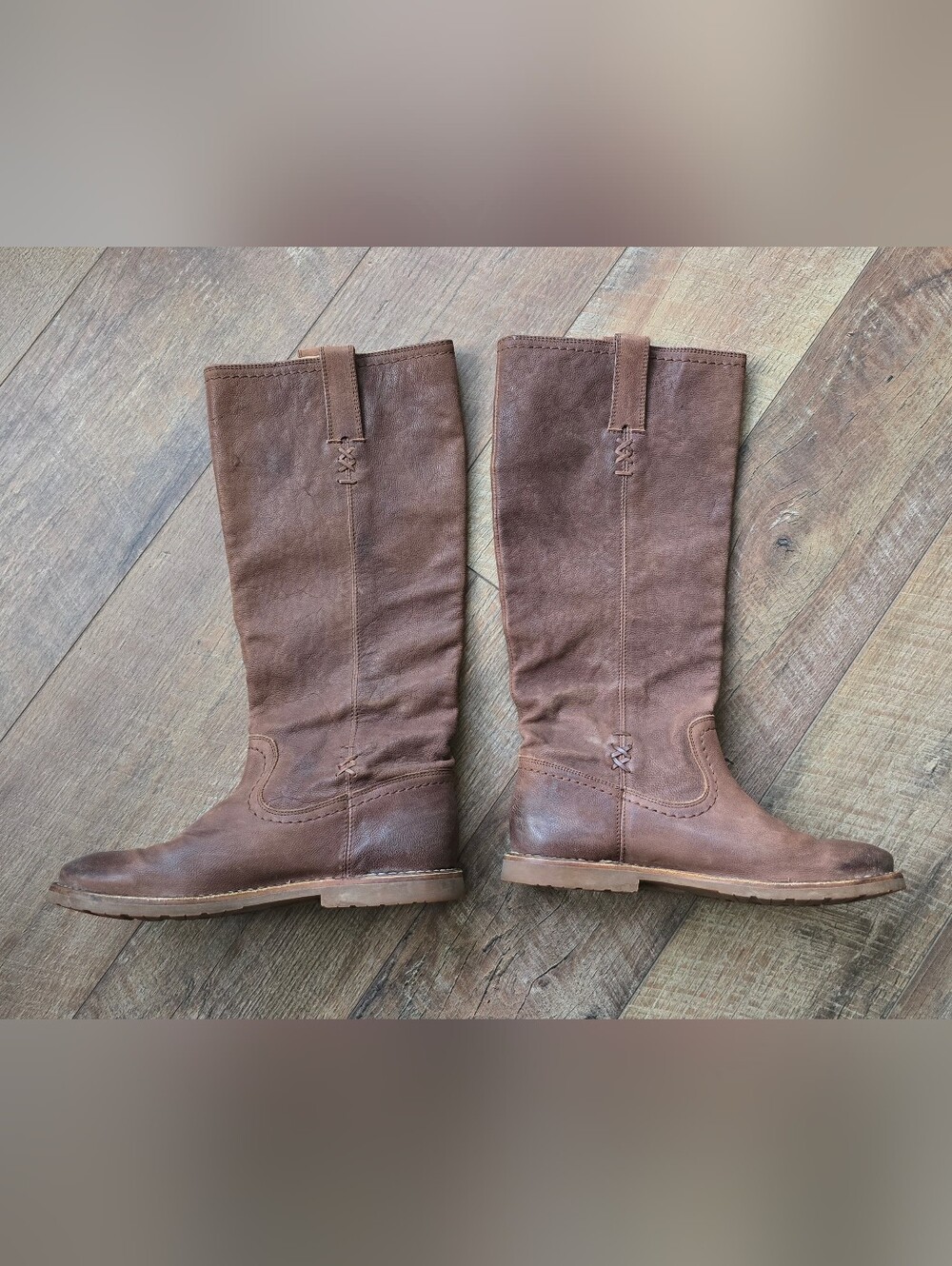 FRYE Celia X Stitch Brown Pebble Leather Tall Pull On Riding Boots Size 7 B - Picture 2 of 12